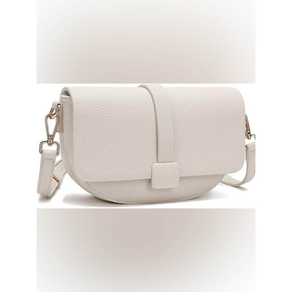LISINUO Off White Crossbody Handbag Pebbled Leather Look Saddle Flap Purse